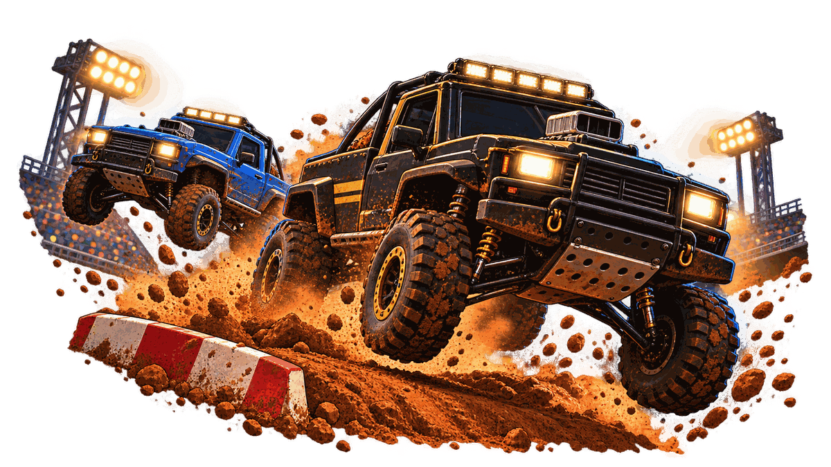 Black and blue trucks launching over a jump beneath stadium floodlights