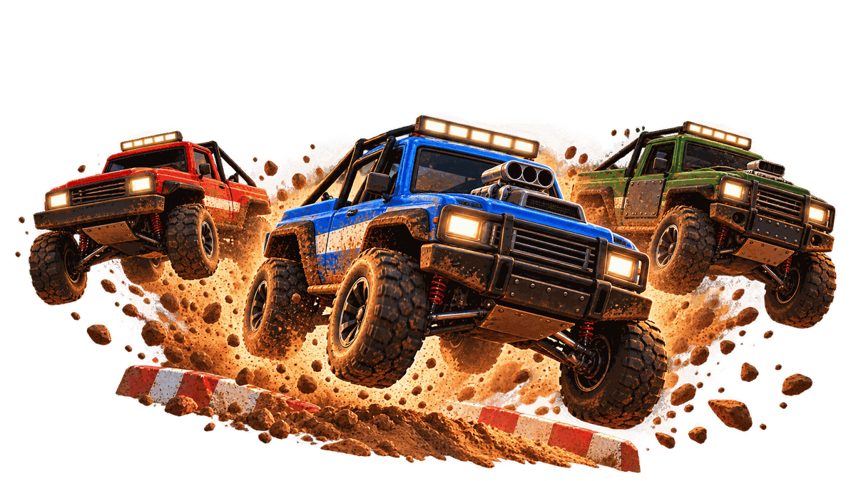 Three illustrated racing trucks bursting over a jump in a spray of mud