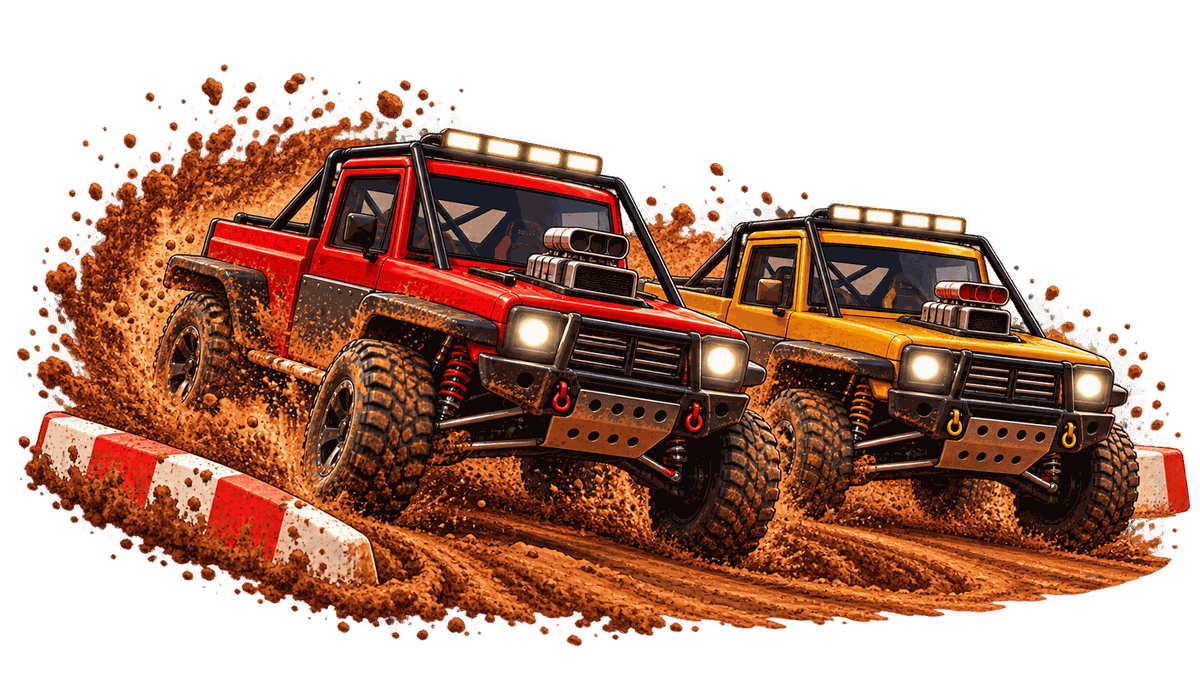 A red and a yellow truck sliding side by side through a muddy corner