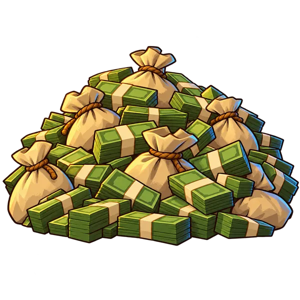 A huge heap of cash bundles and money bags