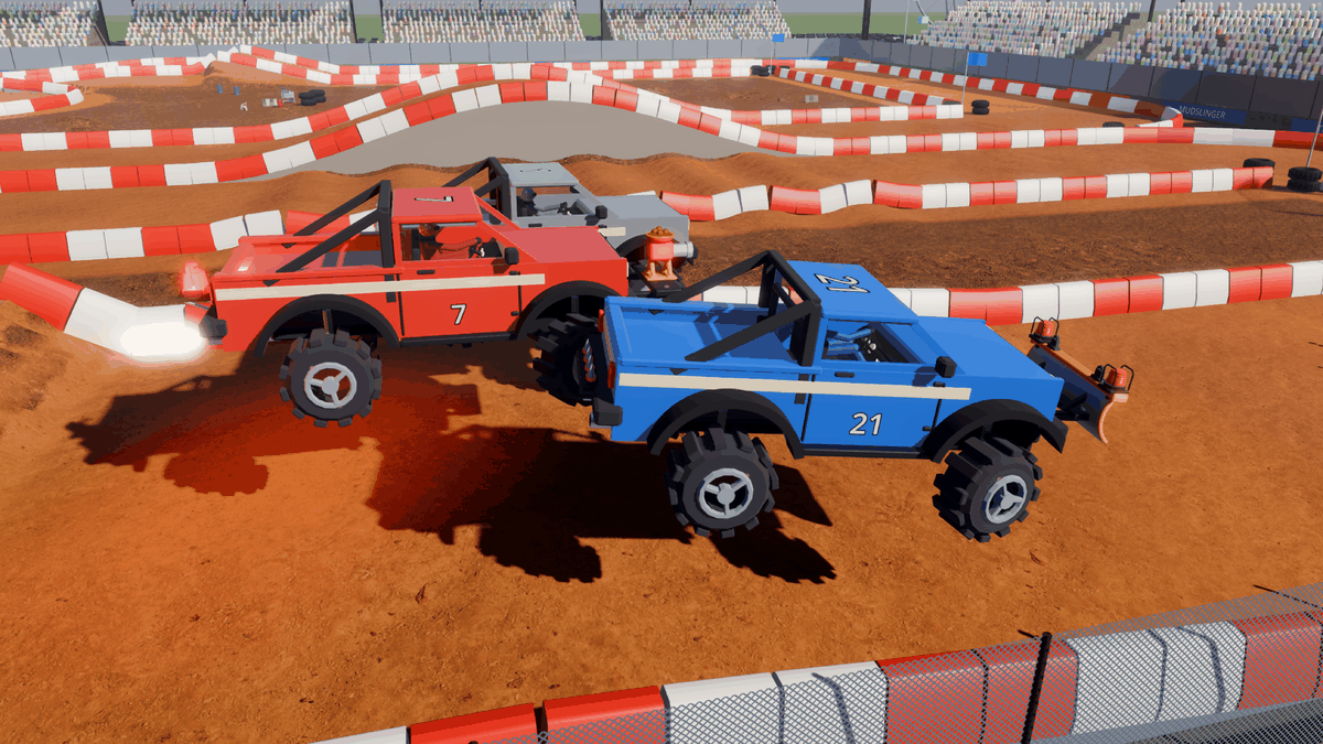 Updated trucks side by side over a stadium jump
