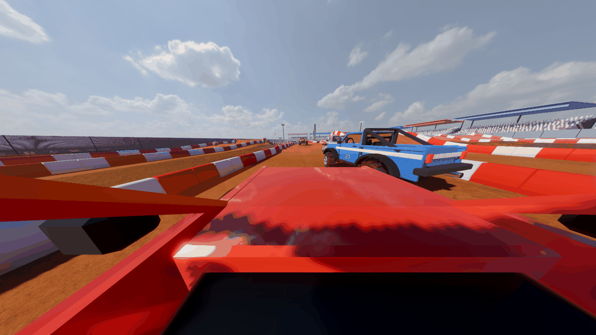In-car view over the red truck’s bonnet, with rivals and the dirt track ahead