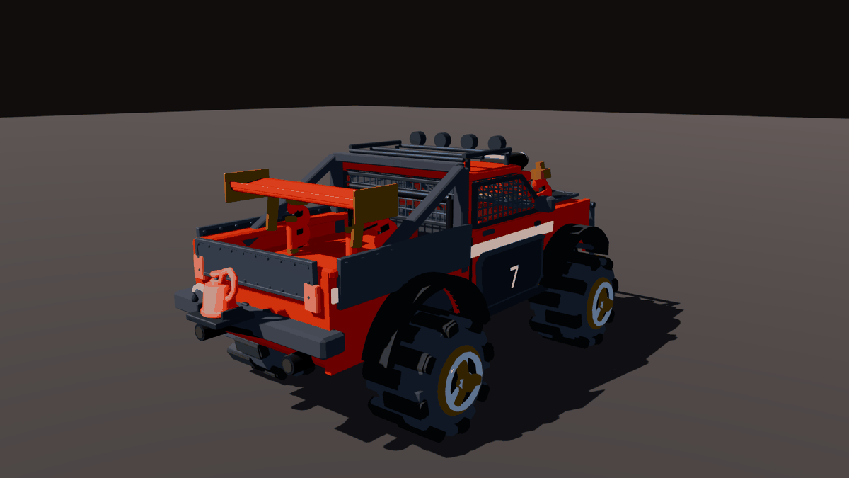 Rear view of the trophy truck with a compact red oil can