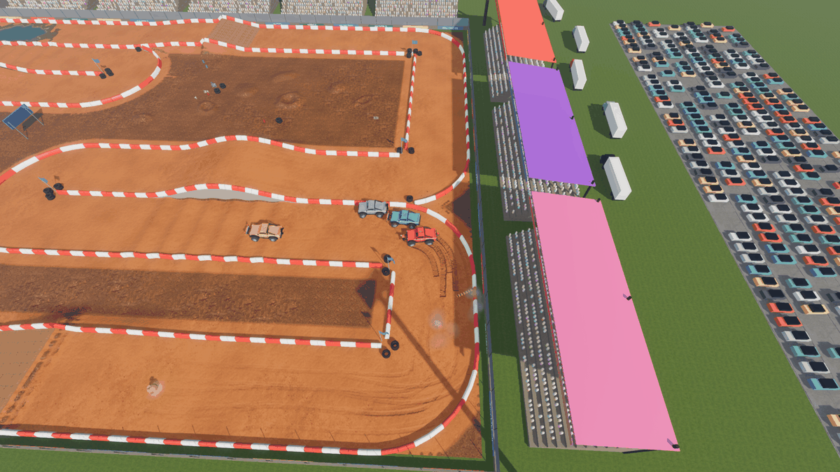 Elevated camera following the player’s truck around the stadium circuit