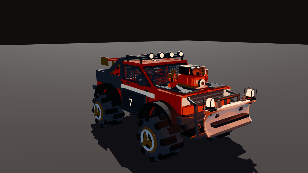 Upgraded trophy truck with two illuminated amber beacons on its ram plough