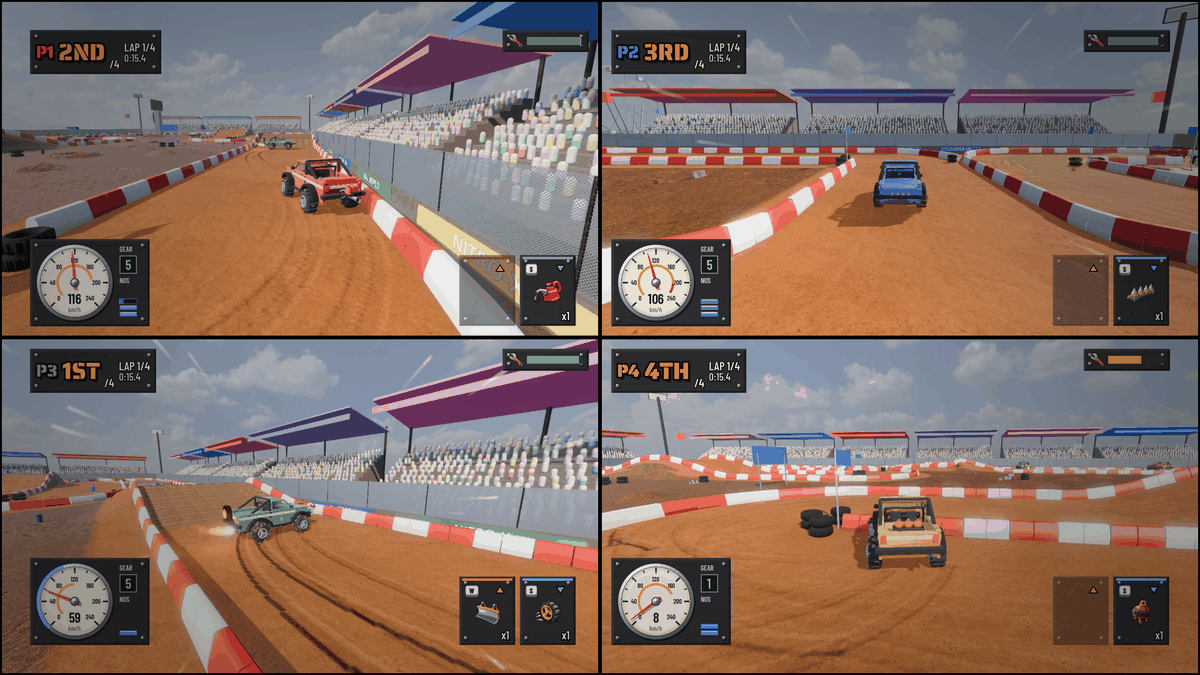 Four-player split-screen racing with individual HUDs