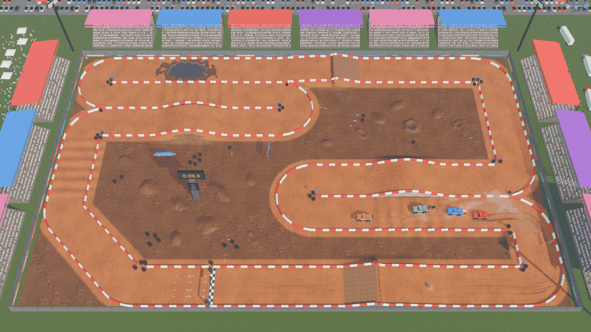 Fixed grandstand camera showing the whole stadium circuit and its racing trucks