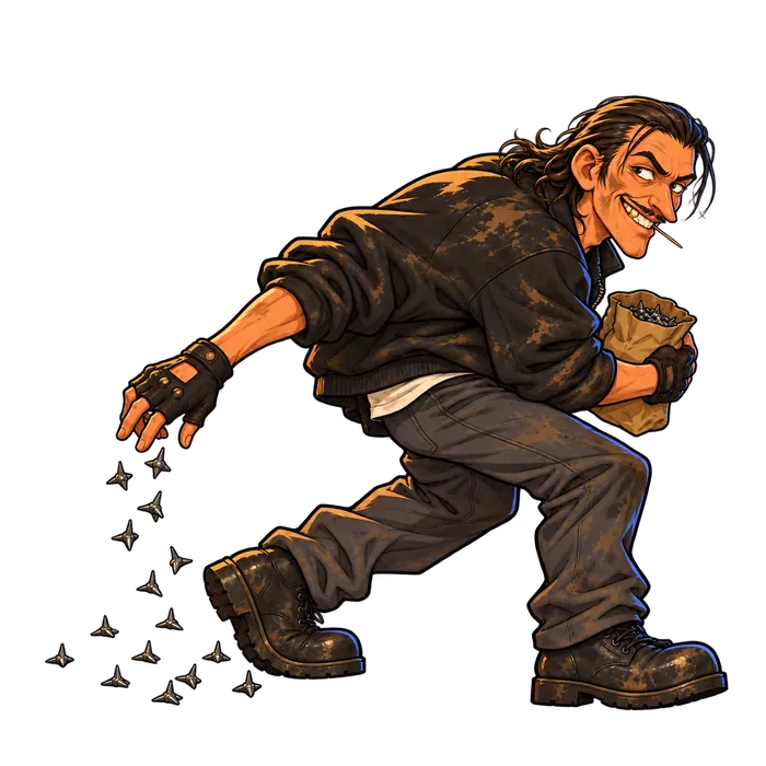 Skid Marx sneaking along, scattering tacks behind him