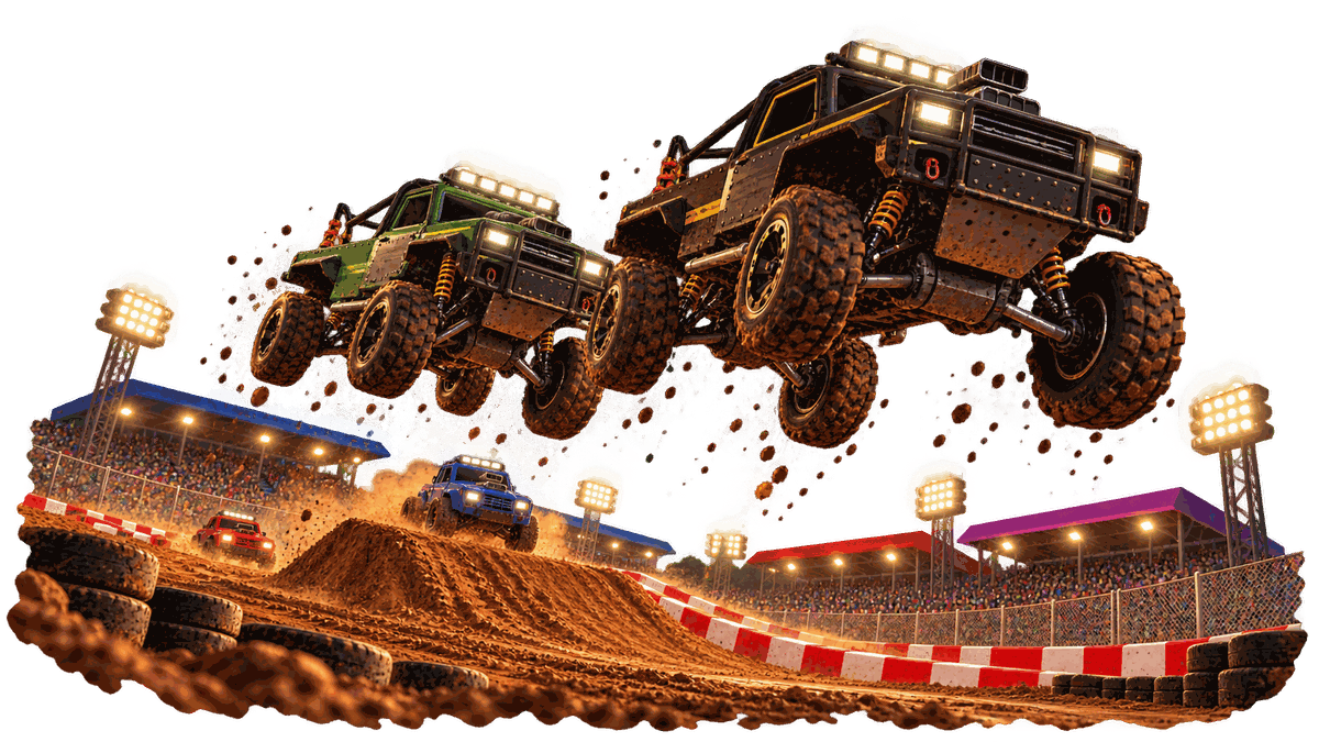 Illustrated trucks jumping side by side above a floodlit circuit
