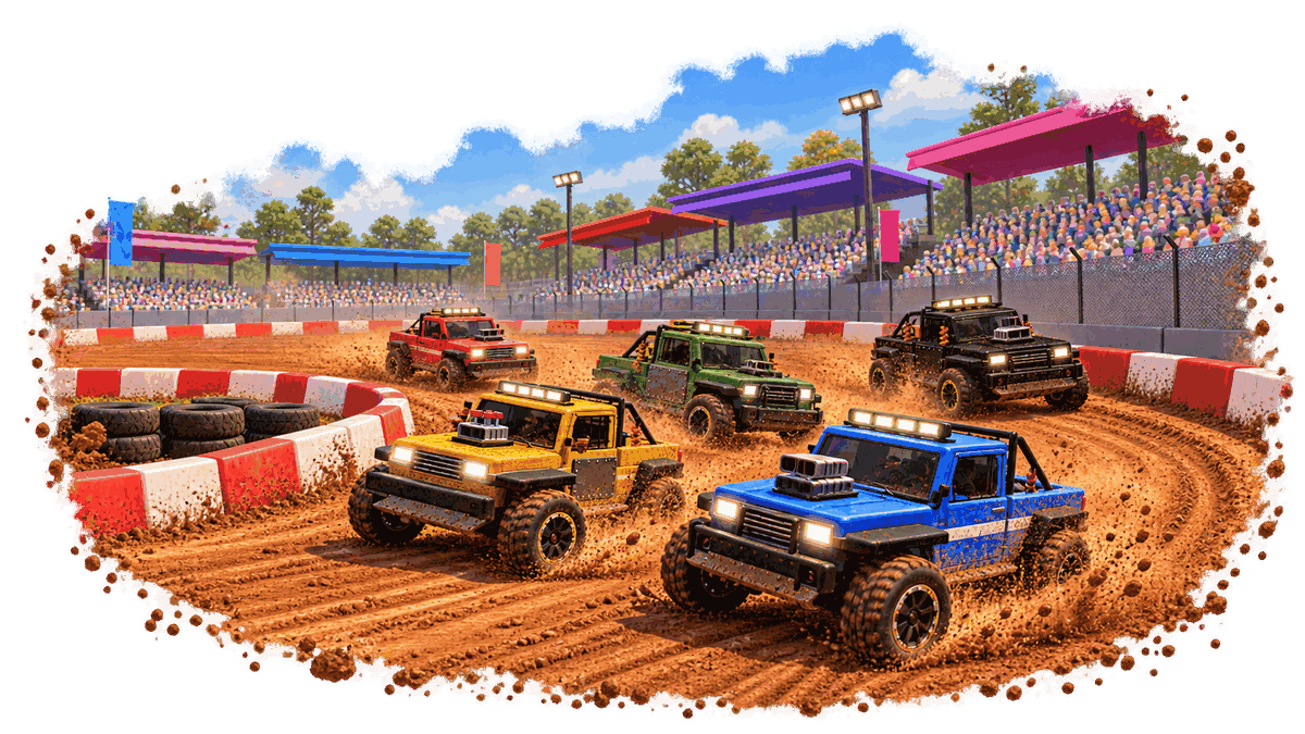 A pack of illustrated trucks drifting around a banked stadium bend