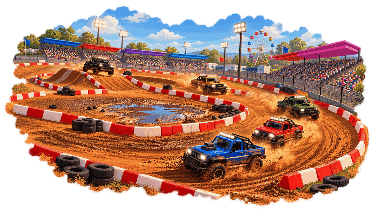 Illustrated stadium circuit with dirt jumps, water and colourful grandstands