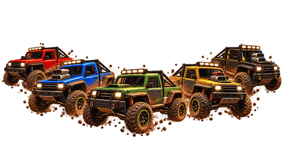Five illustrated trucks showing different colours and upgrade builds
